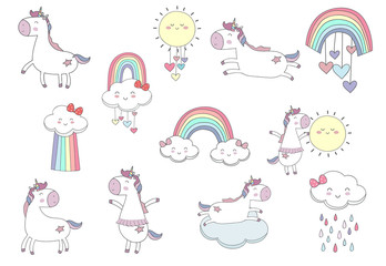 pastel animal unicorn set with unicorn,ice cream,rainbow,rain,sun illustration for sticker,postcad,birthday invitation.Editable element © piixypeach