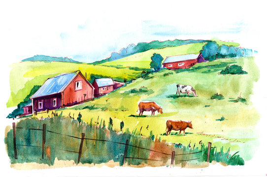 Watercolor rural landscape