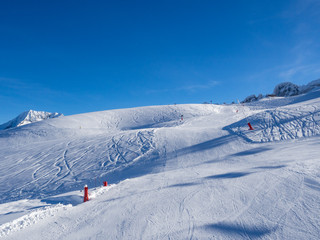 COURCHEVEL, FRANCE - January 2018: Amazing view of snow covered Courchevel slope in French Alps. Ski Resort Courchevel