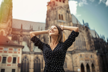 woman in old town of Prague, Czech Republic