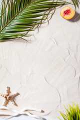 Obraz premium Beach vacation. A palm leaf, starfish, and white tree branch and juicy fruits lie on white fine sand. Desktop wallpaper.