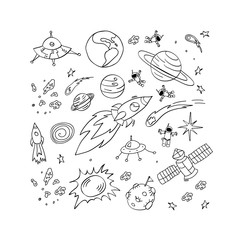 Set of hand drawn space elements. Doodle objects on white background. Vector illustration.