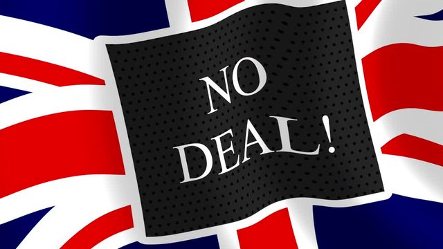 Union Jack Flag with the word &ldquo;No-deal&rdquo;, Brexit crisis concept, seamless loop animation. 4k