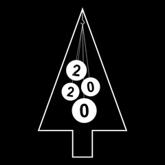 Creative white outline of a Christmas tree with balls not against a dark background with numbers of the new year 2020, modern flat design. Stylish template in the style of minimalism.
