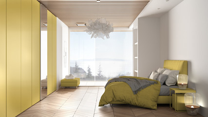 Minimalist white and yellow colored bedroom in contemporary space with parquet floor, shower, wooden floor, double bed, big wardrobe, large panoramic window, luxury interior design