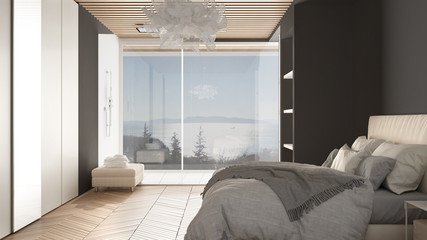 Minimalist white and gray bedroom in contemporary space with parquet floor, shower, wooden floor, double bed, big wardrobe with mirror, large panoramic window, luxury interior design