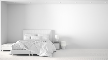 Total white project of minimalist background with master bedroom in contemporary space with parquet, bed, pendant lamp and pillows, luxury interior design template, copy space mock-up