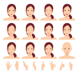 Young asian lady' face vector illustration set / emotional face pattern (with hand illustration set)
