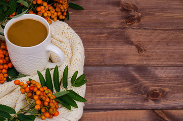 Autumn composition with copy space: coffee mug with branches of mountain ash