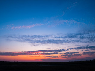 Fototapeta na wymiar Beautiful Natural Sunset Sunrise Over Field. Landscape Colorful Sky