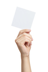 Male hand holding a square blank sheet of paper (ticket, flyer, invitation, coupon, etc.), isolated on white background
