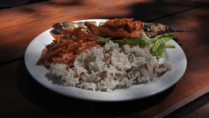 Trout fish and rice on a plate with herbs and carrots. horizontal top view