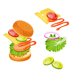 Burger with flying ingredients include bun, tomato, salad, cheese, onion, cucumber. Vector.