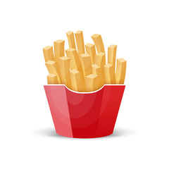 French fries. Roasted potato chips in deep fat fry oil potatoes. Fast food. Cooked fried potatoes in packed takeaway. Vector.