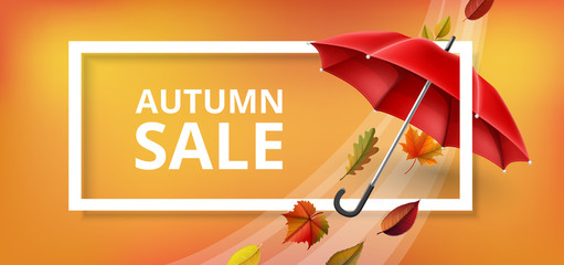Autumn sale banner with red umbrella in wind, with falling leaf, and white border for text. Vector illustration for autumn sale, Thanksgiving background or other fall season horizontal banner