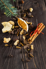 winter spices on the wooden background