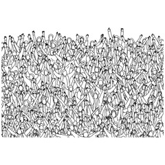 crowd of people raising their hands up cheering on stadium vector illustration sketch doodle hand drawn with black lines isolated on white background.