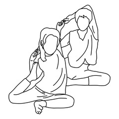 young woman and her daughter doing yoga together vector illustration sketch doodle hand drawn with black lines isolated on white background