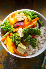 Kale, peppers, green beans, red onion, rice, basil tofu stir fry