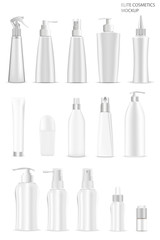 Cosmetic Bottle. Vector Container blank for Lotion, Shampoo, Cream Beauty Care. Dispenser Pump, Spray Set. 3d Design of White Plastic Package. Realistic Medical Bottle Isolated on Background. Spa Jar