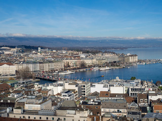 Switzerland, february 2018: Panorama of the Old City of Geneva with Lake Geneva and the fountain...