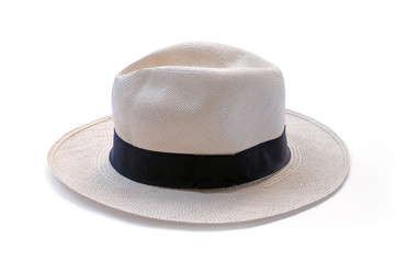 Vintage white Straw hat fasion with black ribbon for man isolated on white background. This has clipping path