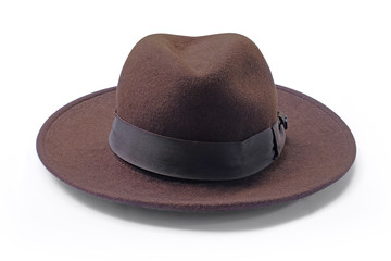 Vintage brown hat fasion with white ribbon isolated on white background. This has clipping path