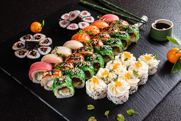 sushi set on the black background
