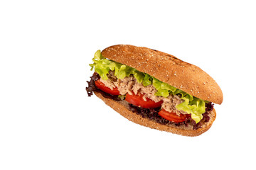 Sandwich Tuna with filling from lettuce, tomato with whole wheat bread on isolated white background. (clipping path)