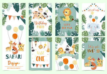 Green animal collection of safari background set with lion,fox,giraffe,zebra,balloon vector illustration for birthday invitation,postcard,logo and sticker.Wording include wild one,wild and free © piixypeach
