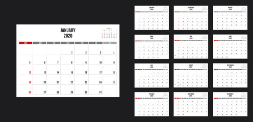 Template design of calendar planner for 2020 year with corporate style.