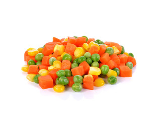 Mix of vegetable containing carrots, peas, and corn on white background