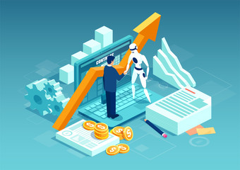 Vector of a businessman and a robot shaking hands standing on computer.