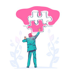 Completion mission concept. Businessman standing with back holding puzzle in hands putting in jigsaw. Business metaphor. Vector illustration sketch style. Successful implementation plan. Execute plan.