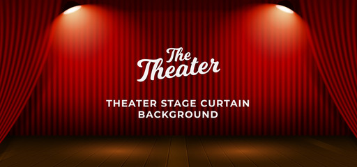 Red theater stage curtain with wooden floor base and double bright spotlight lamp vector illustration. Poster banner show backdrop template.