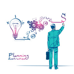Businessman draws business strategy. Planning development of ideas. Process in form of infographics on steps. Vector illustration sketch style. Isolated on white background. Successful people.