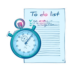 To do list and stopwatch in sketch style. Cartoon design. Checking plan. Can be used as an examination paper or questionnaire, questionnaire and list of completed tasks. Isolated on white background.