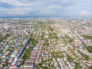 Aerial view modern city building and townhouse capital of Bangkok