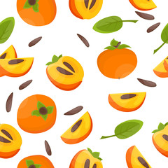 Seamless pattern with whole persimmon and slice. Vector.