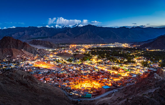 Aerial view of Leh city at night, Ladakh, India