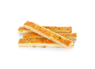 Garlic and herb bread slices on white background.