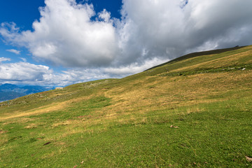 Fototapeta na wymiar Green pastures on the Italian Alps in summer, Monte Baldo near the Lake Garda, Verona province, Veneto, Italy, south Europe