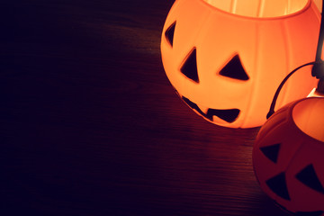spooky halloween holiday season greeting party with pumpkin lamp lantern on the night