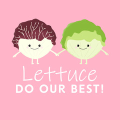 Vector illustration of two cute kawaii lettuces holding hands. Lettuce Do Our Best. Cute food pun concept.
