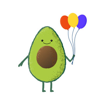 Vector illustration of an isolated cute kawaii avocado character holding a bunch of balloons.