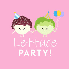 Vector illustration of two cute kawaii lettuces holding hands and wearing party hats. Lettuce Party. Cute food pun concept.
