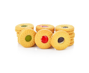 sandwich cookies with cream on white background