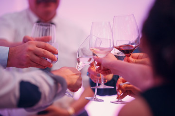 Wine and other alcohol in glasses at party