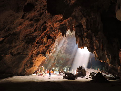 Light shines through the channel Chomphon Cave is  Ratchaburi Thailand