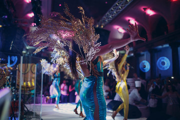 Show concert pop diva on stage with feathers